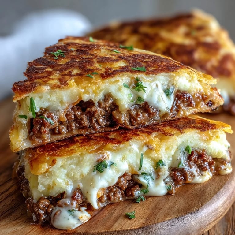Rozgrzana shepherds pie quesadilla z roztopionym serem, mieszanką mięsową i ziołami, podawana na kromkę — wygodna i sycąca potrawa.