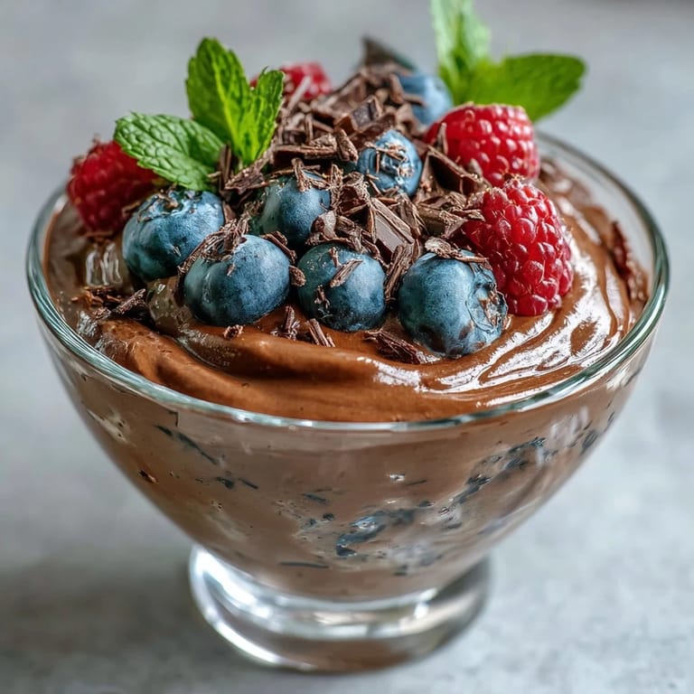 Łagodna, kremowa mousse czekoladowa z serka wiejskiego, udekorowana świeżymi jagodami i listkami mięty.