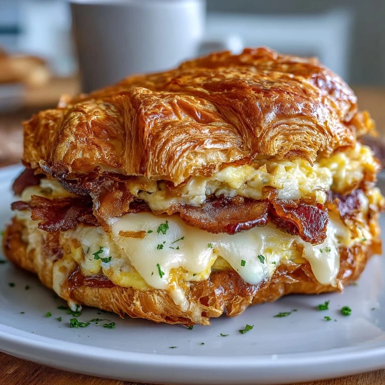 Pyszne bułki croissant z masłem z serową nadzieniem jajecznym, perfekcyjne na niedzielne śniadanie lub przygotowanie na wynos.