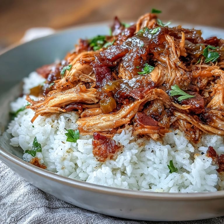 3. Slow-cooked Mississippi chicken rice bowls featuring juicy shredded chicken, tangy pepperoncini, and rich ranch-seasoned sauce over steamed rice.