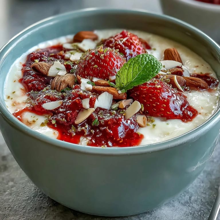 Pyszne miski z jogurtem greckim, udekorowane ciepłym sokiem truskawkowym i kryształkami orzechów.