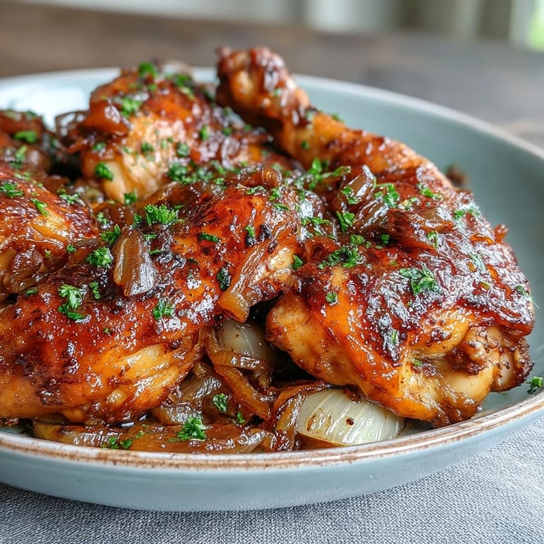 Smażony kurczak z chrupią skórką, podany z kwaśną cebulową potrawką, smakowity obiad rodzinny.