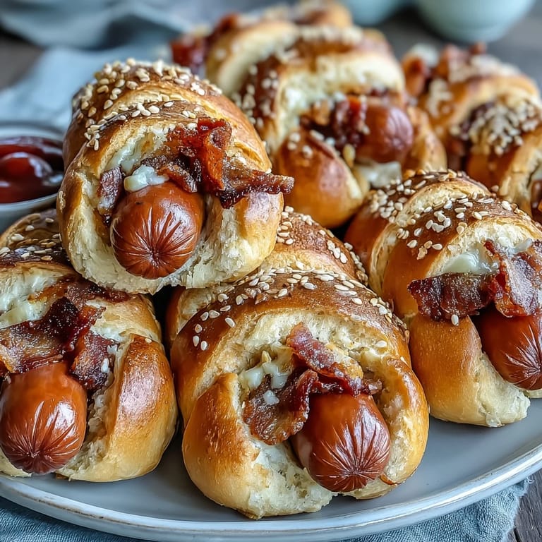 Warm crescent-wrapped mini hot dogs with sesame seeds, served with ketchup and mustard for dipping.  