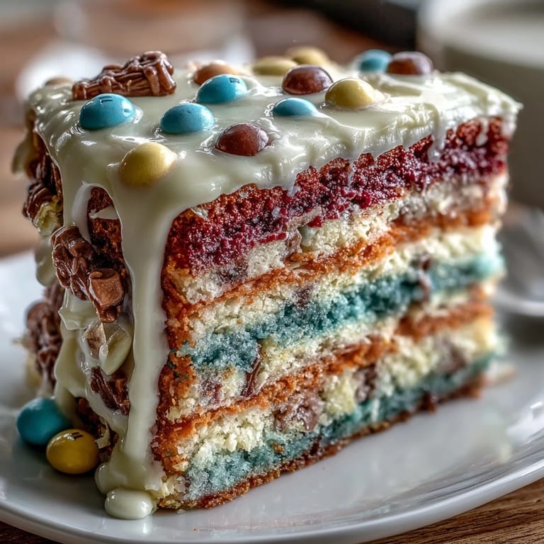 Colorful rainbow piñata cake sliced open to reveal hidden candy center, ideal for festive dessert tables.