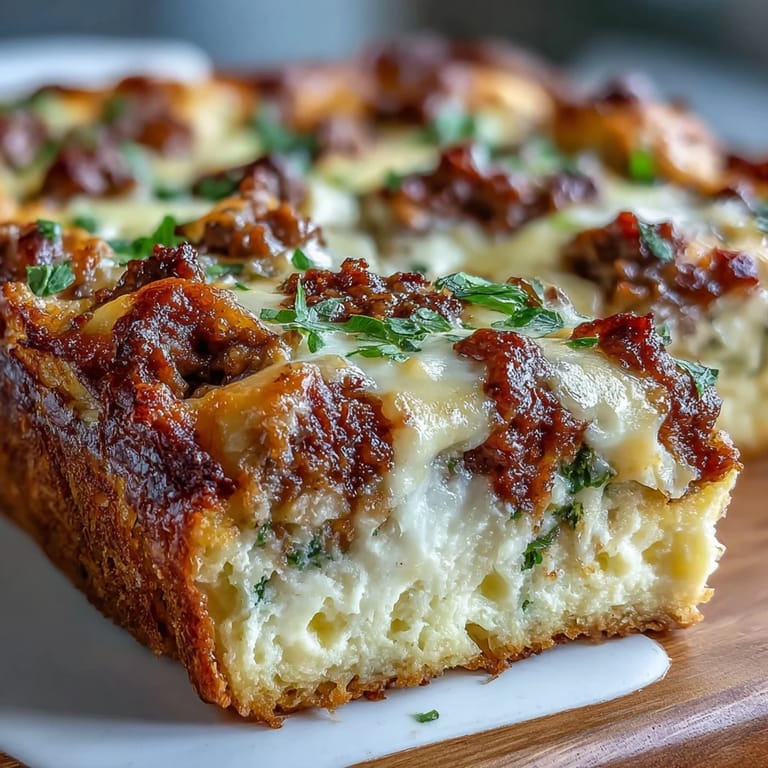 Warstwowa kasza śniadaniowa z ziemniakami, jajkami i kiełbasą, idealna na obiad.