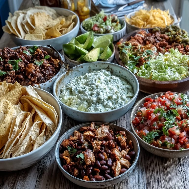 Kolorowa taśma taco z kurczakiem, wołowiną i fasolą na żółtych i brązowych tortilliach.