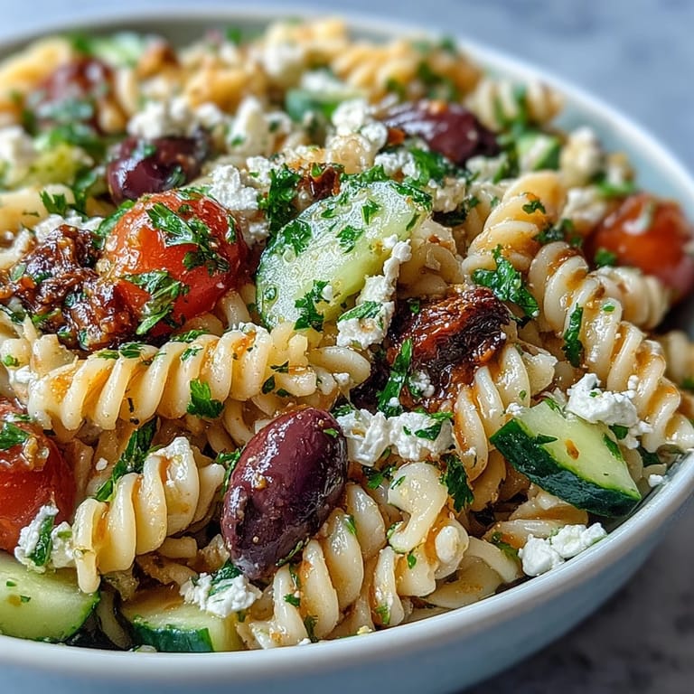 Witalna sałatka makaronowa z świeżymi warzywami, oliwkami i kruszoną fetą, podana na białych talerzach.
