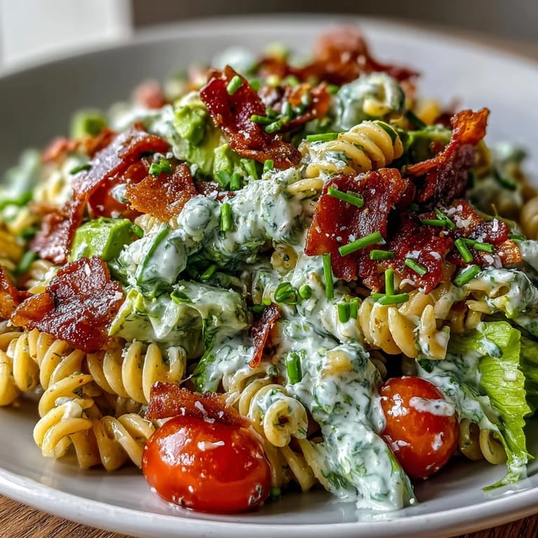 Sałatka makaronowa BLT z kremowym sosem awokado, z kruchym bekonem, pomidorami cherry i świeżą sałatą rzymską.