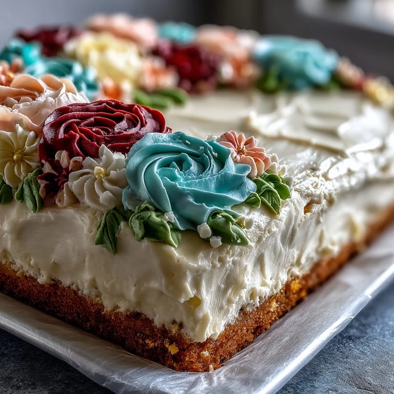 Elegancki tort arkuszowy na urodziny z buziakami z kremu masłowego, idealny na świętowanie z kwiatami z pysznego biszkoptu waniliowego.