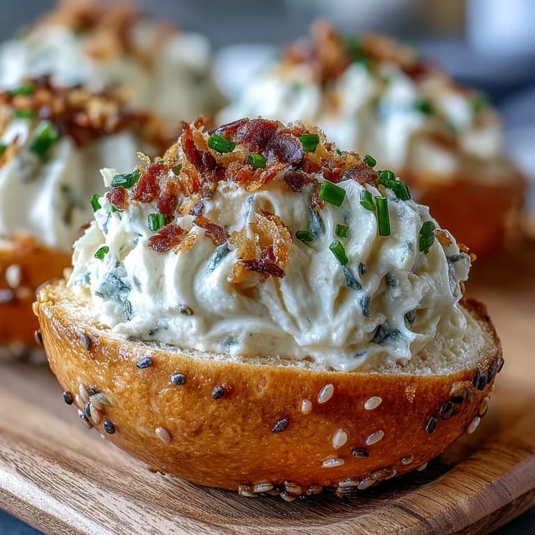 Złociste jaja na zakręconego z kremowym serkiem i świeżymi szczypiorkami na talerzu.  