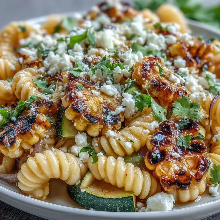 Kolorowa sałatka z makaronem z grillowanym cukinii, świeżym kukułcem, pomidorami cherry i kruszonym serem Cotija.