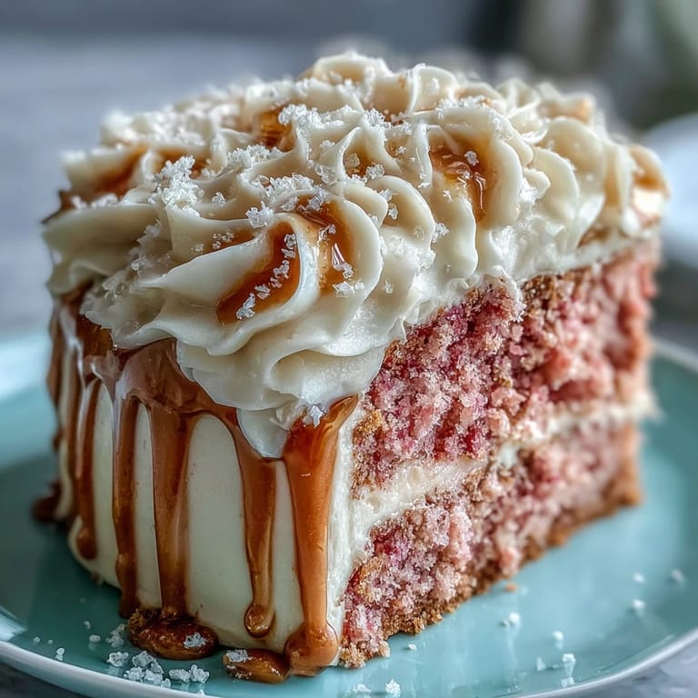 Glamorous pink velvet cake infused with rosé wine, topped with cream cheese frosting and shimmering gold drip.  