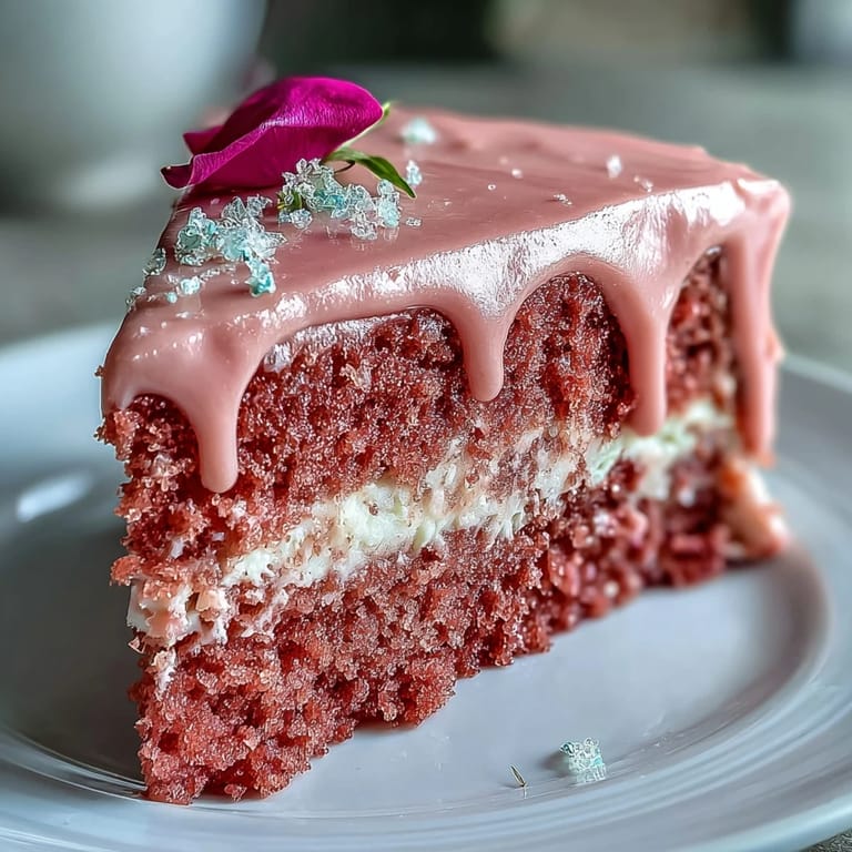 Soft pink velvet cake made with rosé wine, topped with silky buttercream and hand-painted gold drip for an elegant bridal shower dessert.