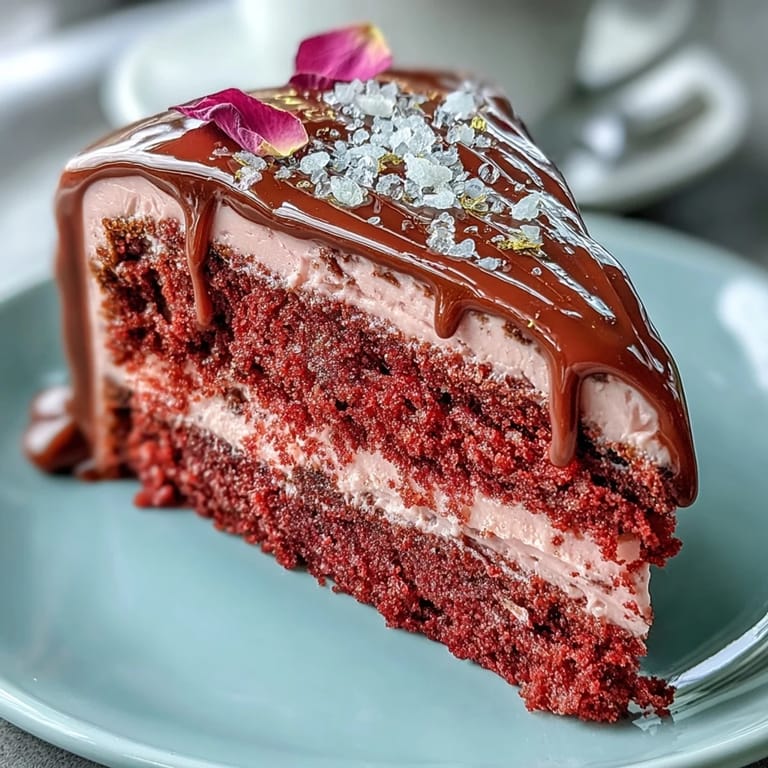 Stunning rosé velvet cake with blush pink layers, topped with edible gold drip and perfect for elegant gatherings.