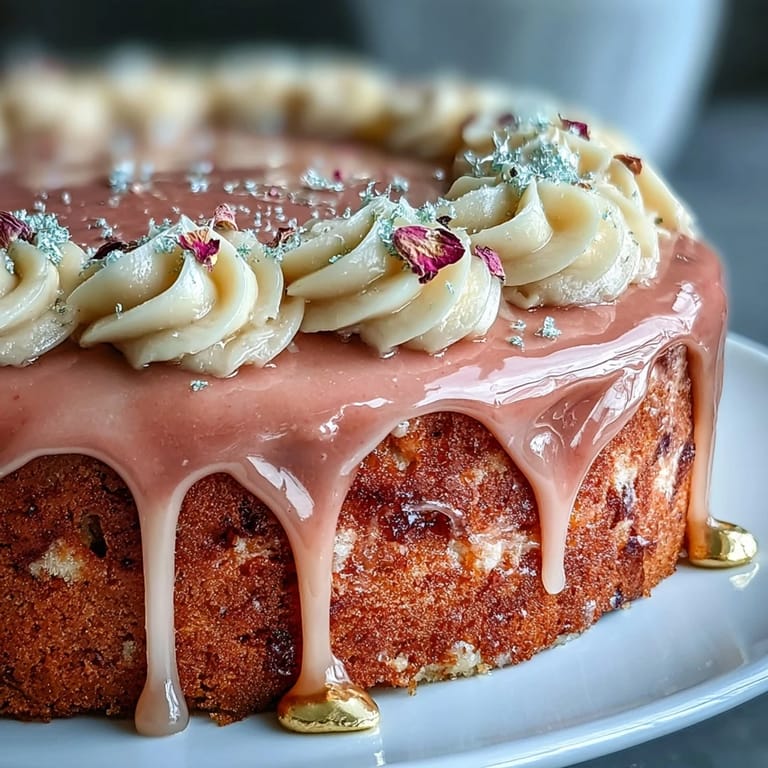 Show-stopping blush velvet cake with rosé flavor, creamy frosting, and hand-painted gold drip, perfect centerpiece for bridal shower dessert tables.