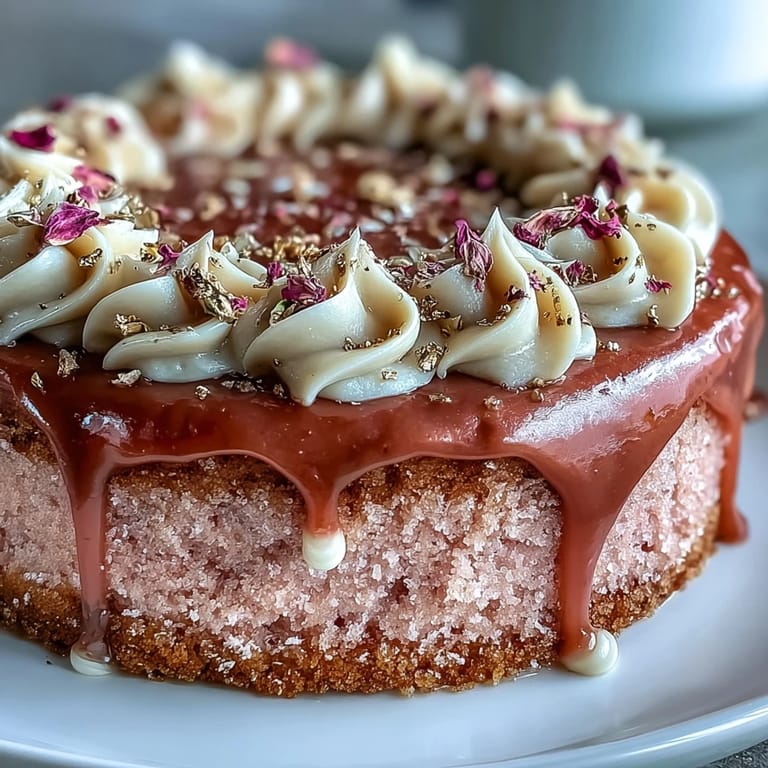Delicate rosé velvet cake with blush pink frosting, crowned by shimmering edible gold drip, perfect for bridal celebrations.  