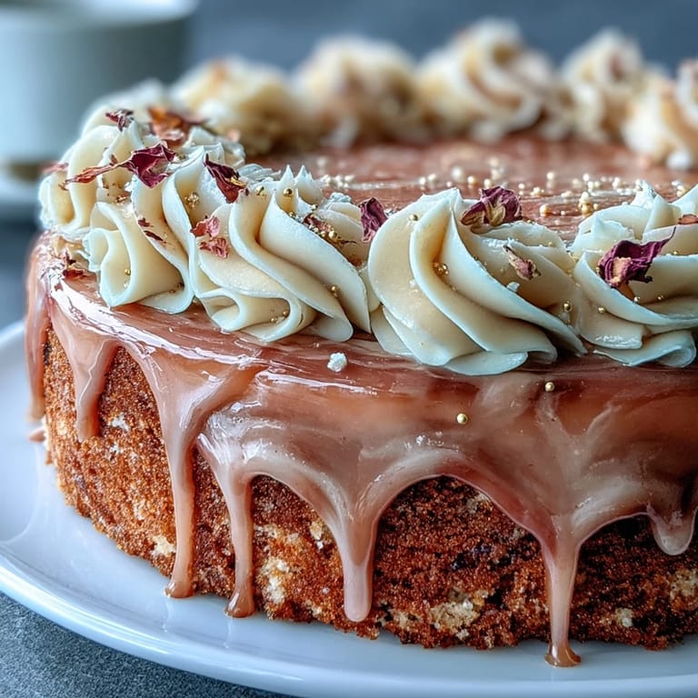 Elegant blush velvet cake infused with rosé, layered with creamy frosting, finished with shimmering gold drip for bridal showers.