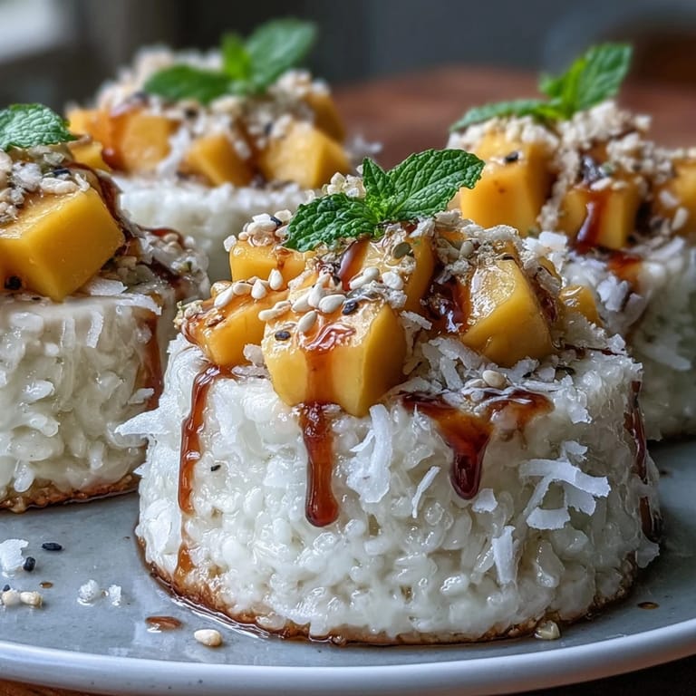 Słodkie kubeczki z ryżu z mlekiem kokosowym i figlarnymi, owocowymi kąskami mango.