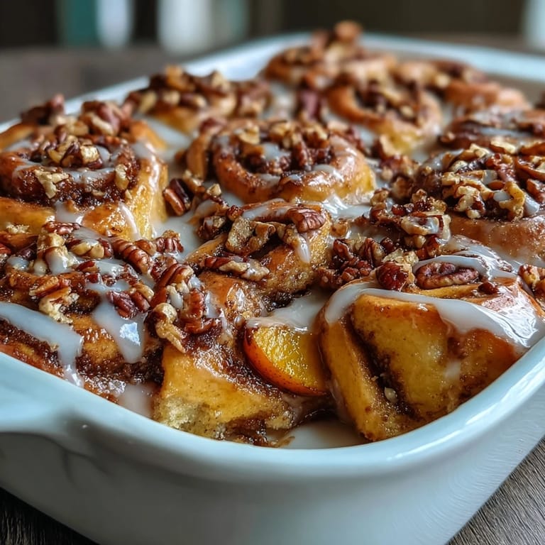 Złocisty, błogi Peach Cobbler Cinnamon Roll Casserole, pachnący cynamonem i ciepłem.