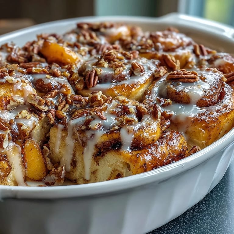 Podano porcję Peach Cobbler Cinnamon Roll Casserole, oblana lukrem i orzechami.