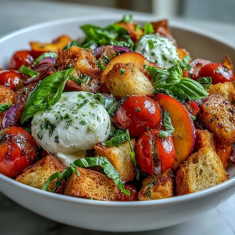 Zdjęcie przedstawiające Peach Burrata Panzanella z letnimi brzoskwiniami i kremową burratą.