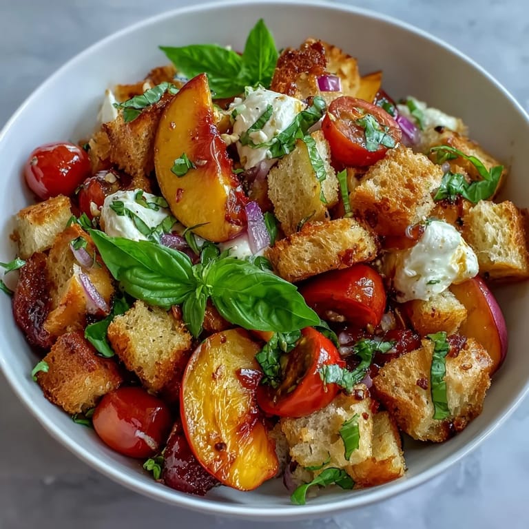 Pyszna Peach Burrata Panzanella, chrupiące grzanki, słodkie brzoskwinie i aksamitna burrata.