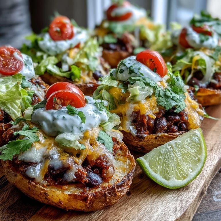 Gotowe miseczki z ziemniaków taco, udekorowane kolorowymi dodatkami i gotowe do podania.