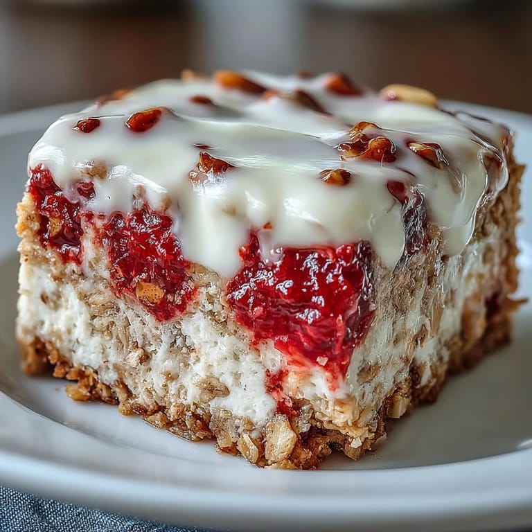 Sycąca pieczona owsianka z malinami i serkiem śmietankowym, idealna na leniwy poranek.