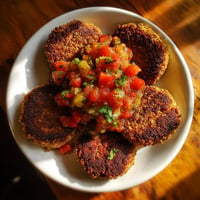 Na tle ciemnego tła, na białym talercie z buckwheat patties z tomato relish, widać cienką, ciemnoczerwony kawałek buckwheat patties.