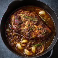 Na tle czarnej tkaniny stoi niewielka, złożona z różnych składników, skórka z mięsem, wypełniona sosem z warzyw.