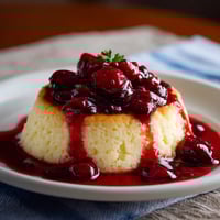 Na tabeli stoi biały talerz z pudingiem na cieście, pokrytym cieście z jagód i cieście z jagód. Puding jest pokryty cieście z jagód, a talerz jest pełen.