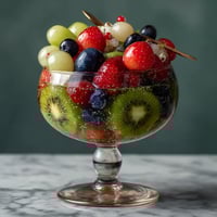 W kieliszku złożonym z różnych owoców, takich jak jabłka, truskawki.