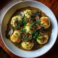Na tle ciemnego tła, w misce złożone z kluski śląskiego, świeżych mushroom i ciepłego, ciemnego sosu.