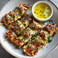 Na tle szarości, na talerzu, znajdują się grilled pierogi na krochetach.