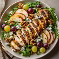 A plate of food with chicken, grapes, apples, and walnuts.