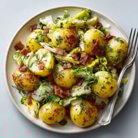 A plate of food with potatoes, lettuce, and bacon.