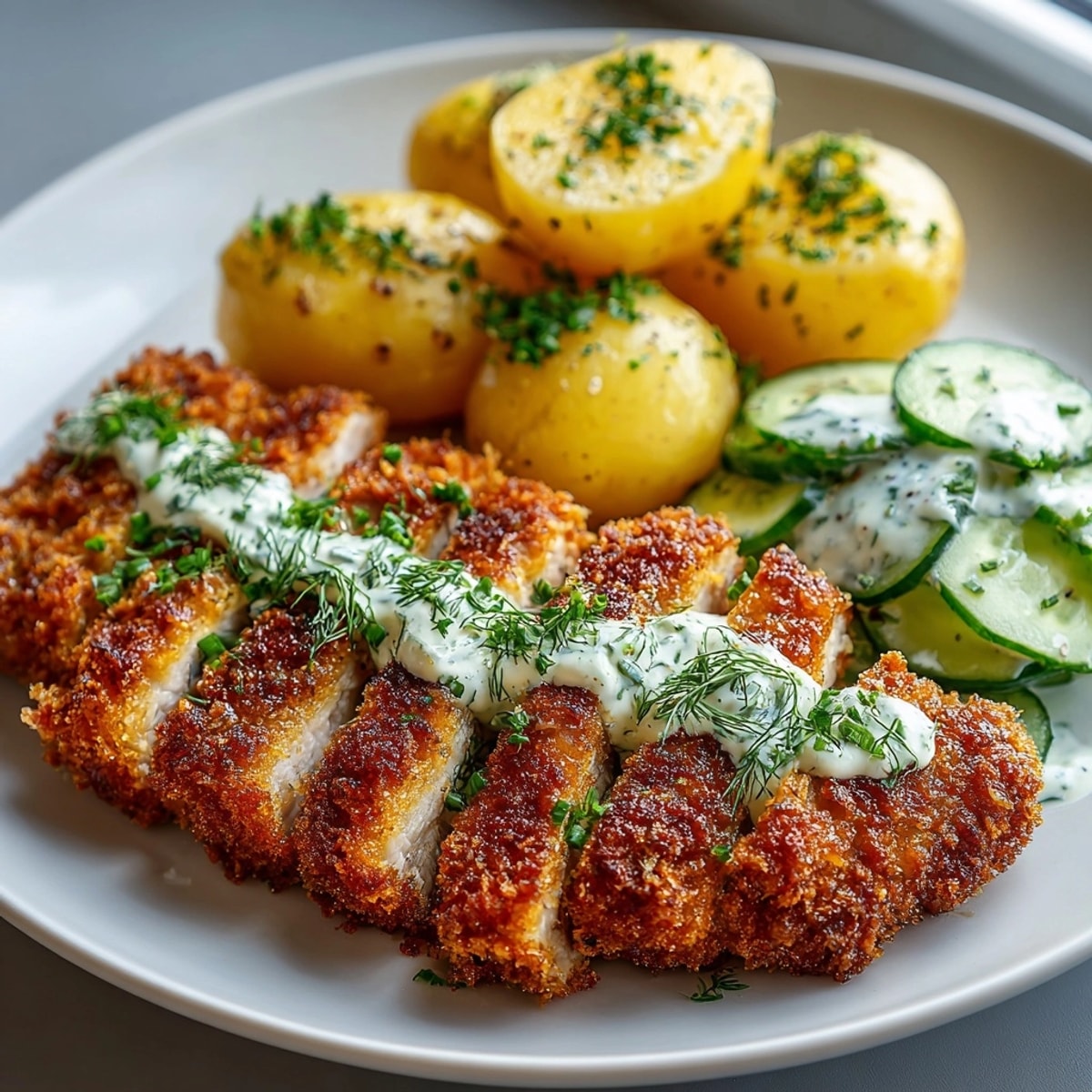 Kotlet schabowy: Złocisty, chrupiący kotlet schabowy z ziemniakami, idealny obiad dla całej rodziny.