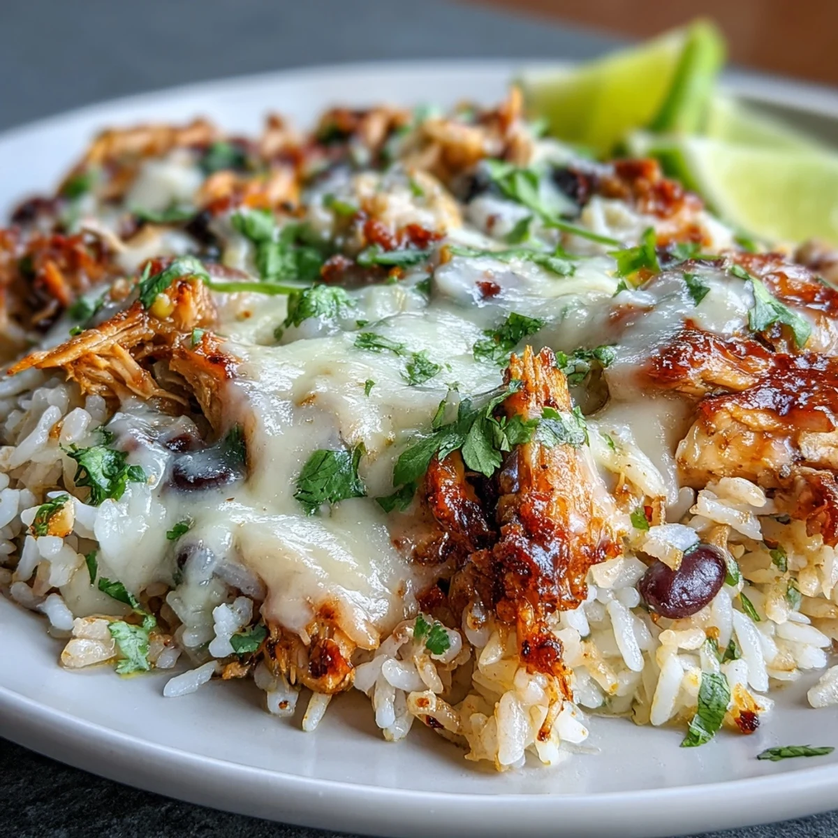Golden-brown chicken breasts nestled in fluffy rice mixed with corn and black beans, topped with melted white queso blanco for a Mexican-inspired dinner.
