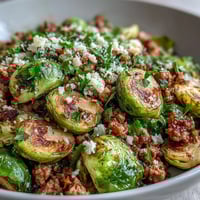 Smaczna potrawka z brukselki i mielonego indyka, zrumieniona na patelni.