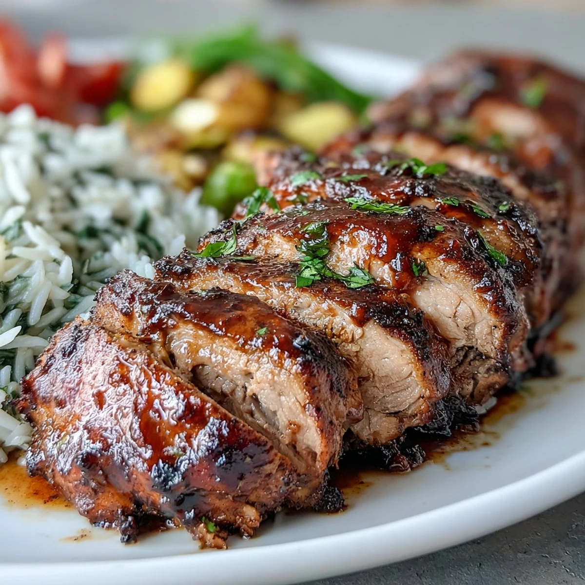 Obrany i doprawiony pieczony schab z wieprzowiny, pokryty ostrą przyprawą jerk, z rumianą skórką.