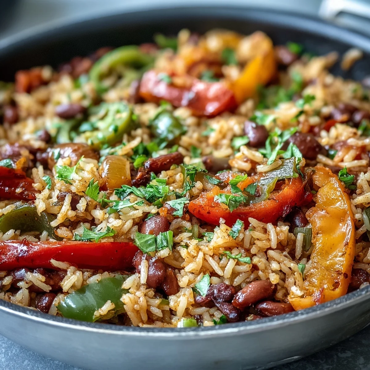 Smoky One-Pan Vegan Fajita Rice Skillet with Peppers and Black Beans steaming in a cast-iron pan, colorful veggies and cilantro garnish ready to serve.