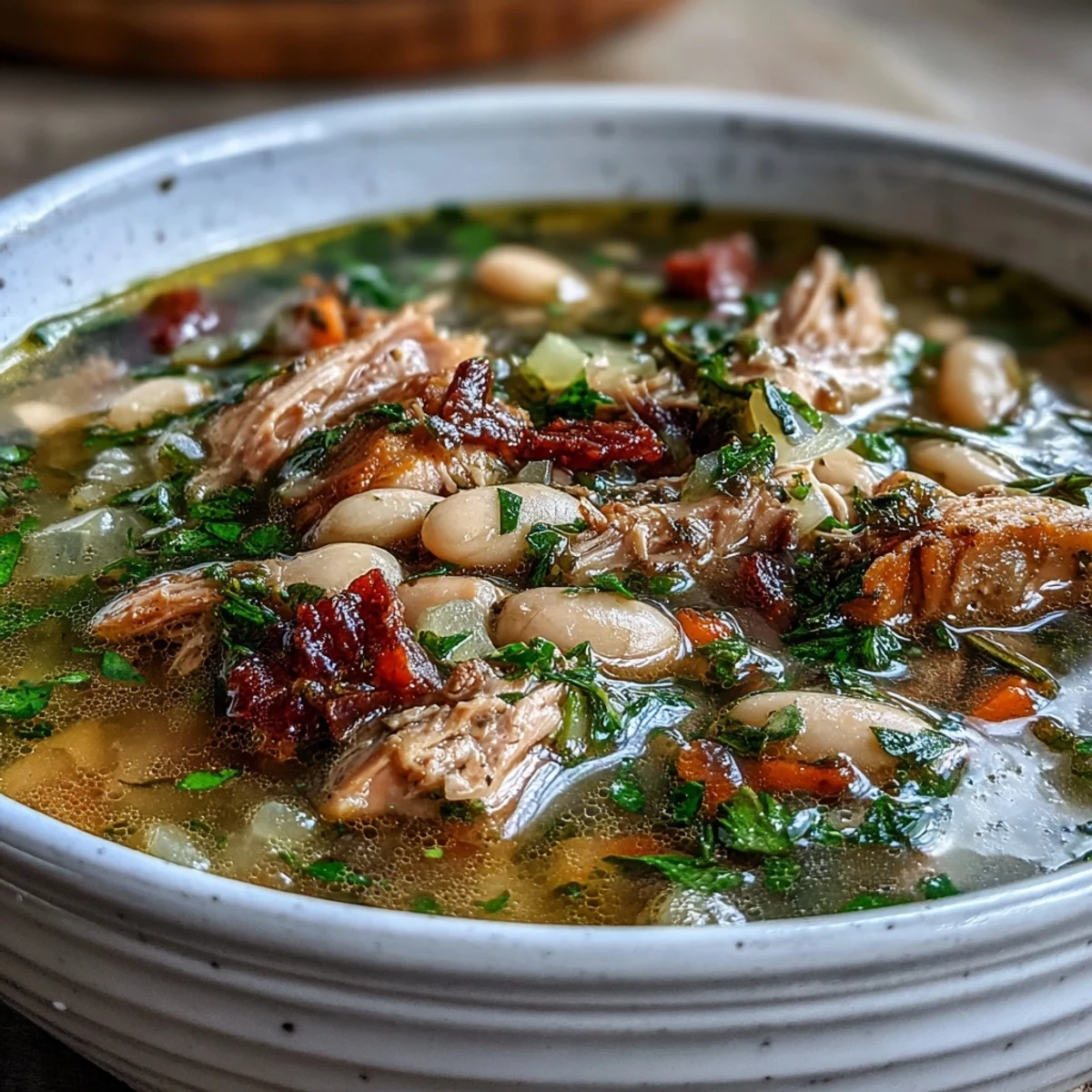 Pyszna, aromatyczna zupa z kruconym indykiem i białą fasolą z świeżymi ziołami, idealna na komfortowy obiad.