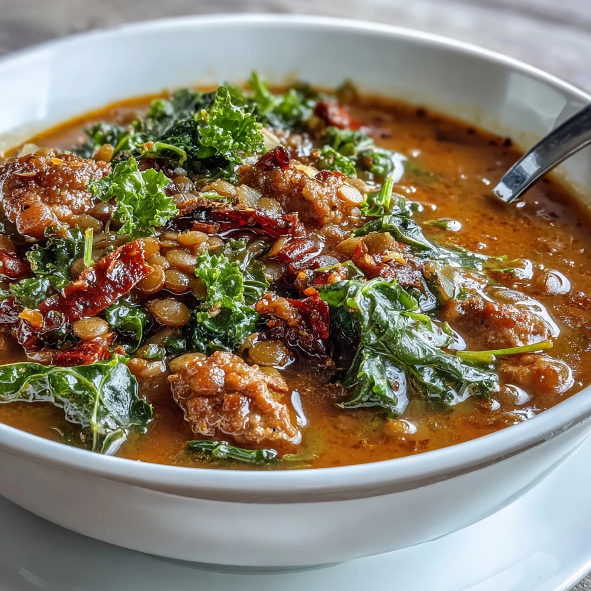 Pyszna, ostra zupa kiełbaski z soczewicą i kalafiorem w pomidorowym bulionie, idealna na zimny wieczór.