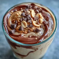 Zdjęcie słodkiego porannego płynnego miodu z płaskim kremem z masła orzechowego i czekoladowym płynem, podane w szklance.