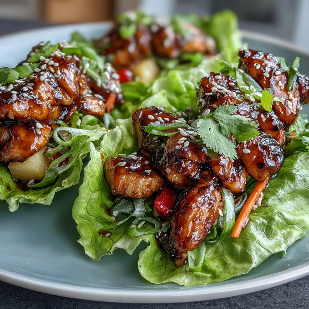 Crisp lettuce wraps filled with juicy teriyaki chicken, sweet pineapple chunks, and colorful vegetables, garnished with fresh herbs and sesame seeds.  