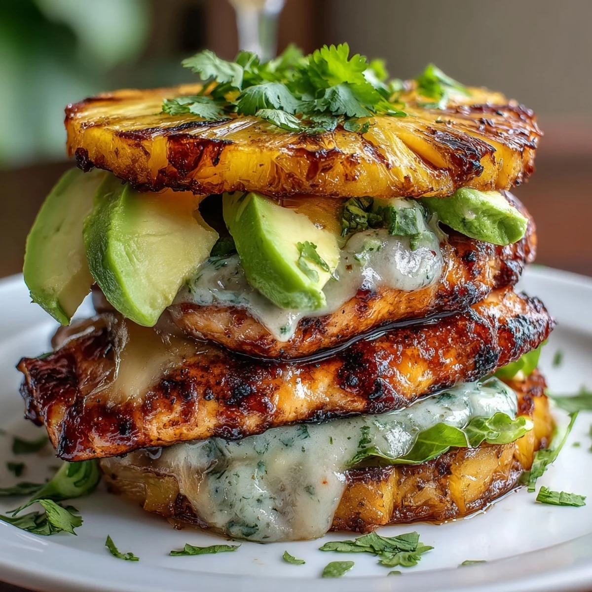 1. Juicy grilled chicken and caramelized pineapple stacked with crisp lettuce, avocado, and fresh veggies—perfect for a lighter burger twist.  