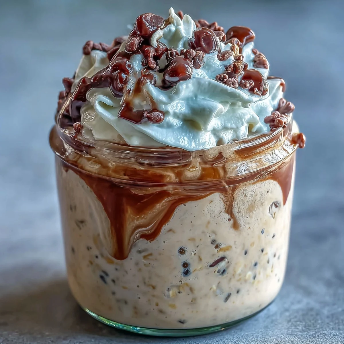 Naczynko z mleczystymi, kawowymi płatkami na noc z fasolą waniliową, warstwowe z pianką i kawałkami czekolady.