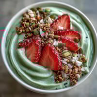 1. Vibrant strawberry matcha latte smoothie bowl with creamy frozen fruit base, fresh strawberry slices, crunchy granola, chia seeds, and coconut flakes.