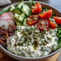 Zdjęcie zupy jarzynowej z serkiem wiejskim, świeżymi warzywami i ziołami, idealne na pełnowartościowy śniadanie.