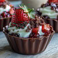 Pyszne filiżanki czekoladowe z świeżymi truskawkami i kruszonką Lotus Biscoff.  